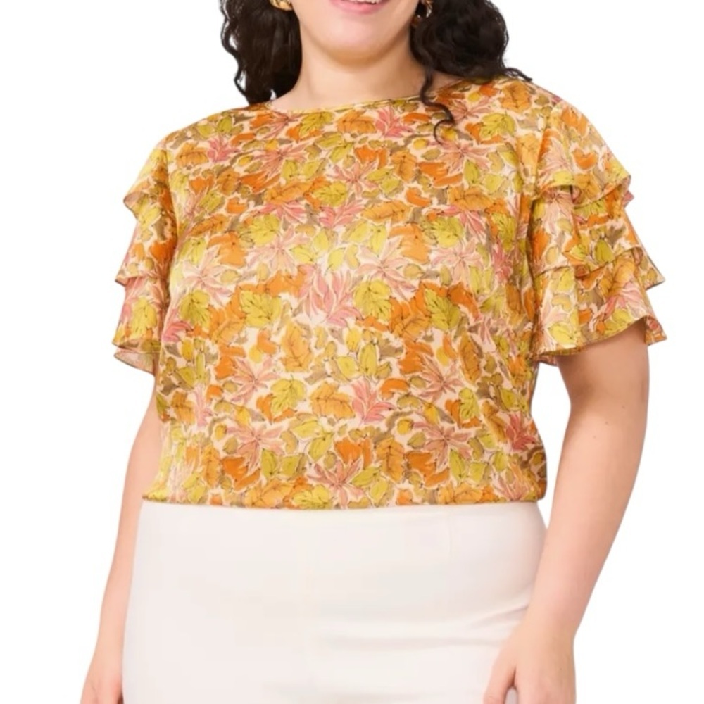 Vince Camuto Satin Orange Leaves Tier Ruffled Flutter Sleeved Blouse Size 3X